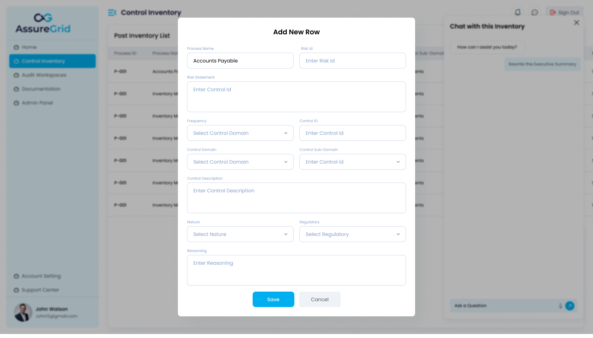 Add New Row modal used to manually add or update inventory details.