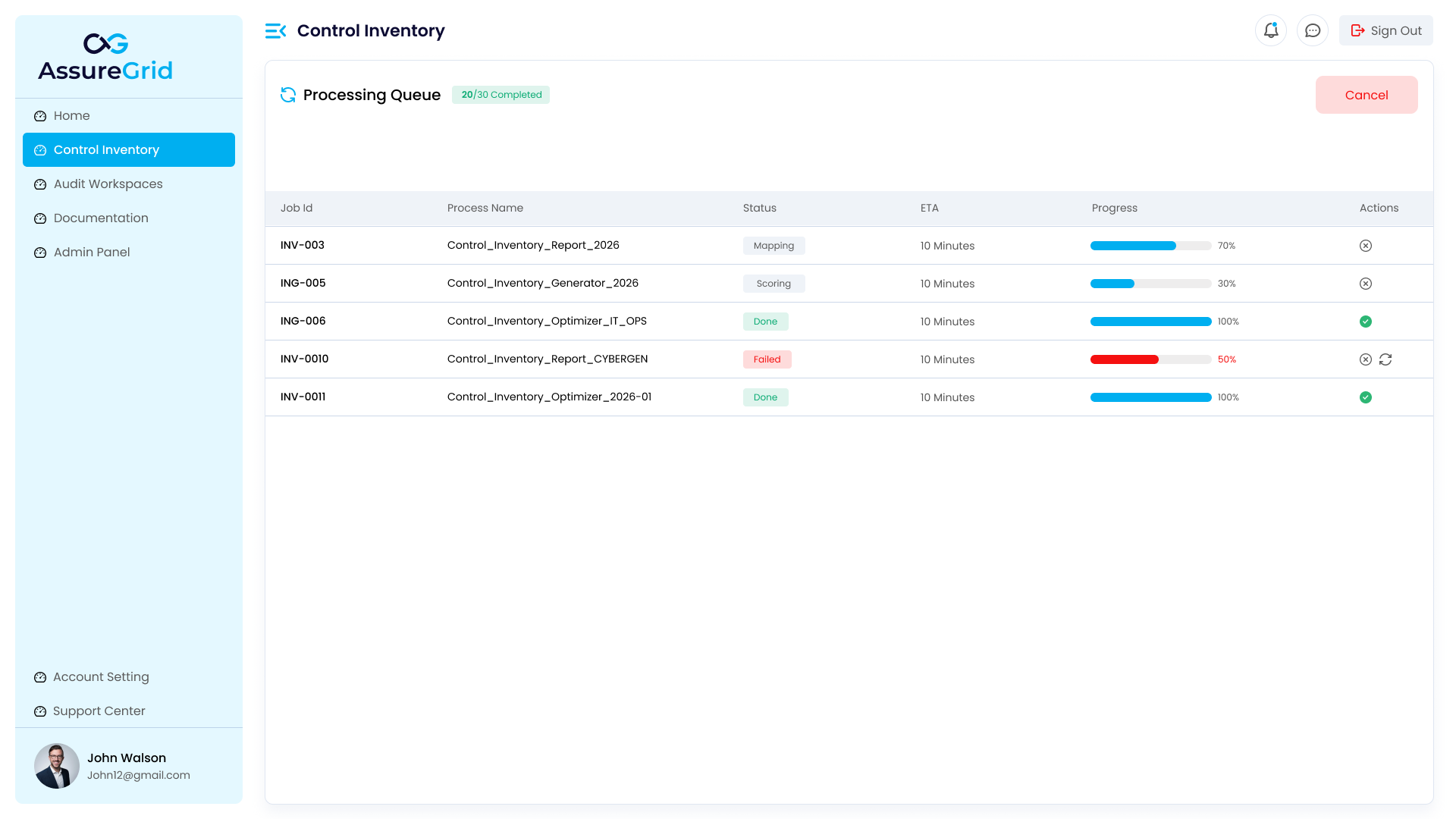 Processing Queue view showing generation and optimization jobs, progress, and status.