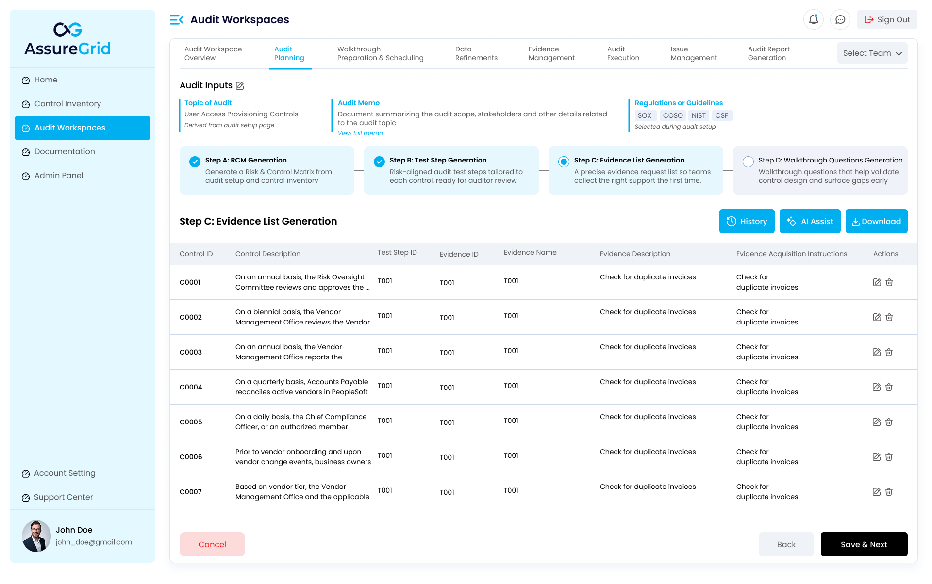 Step C view showing the generated evidence list and acquisition instructions.