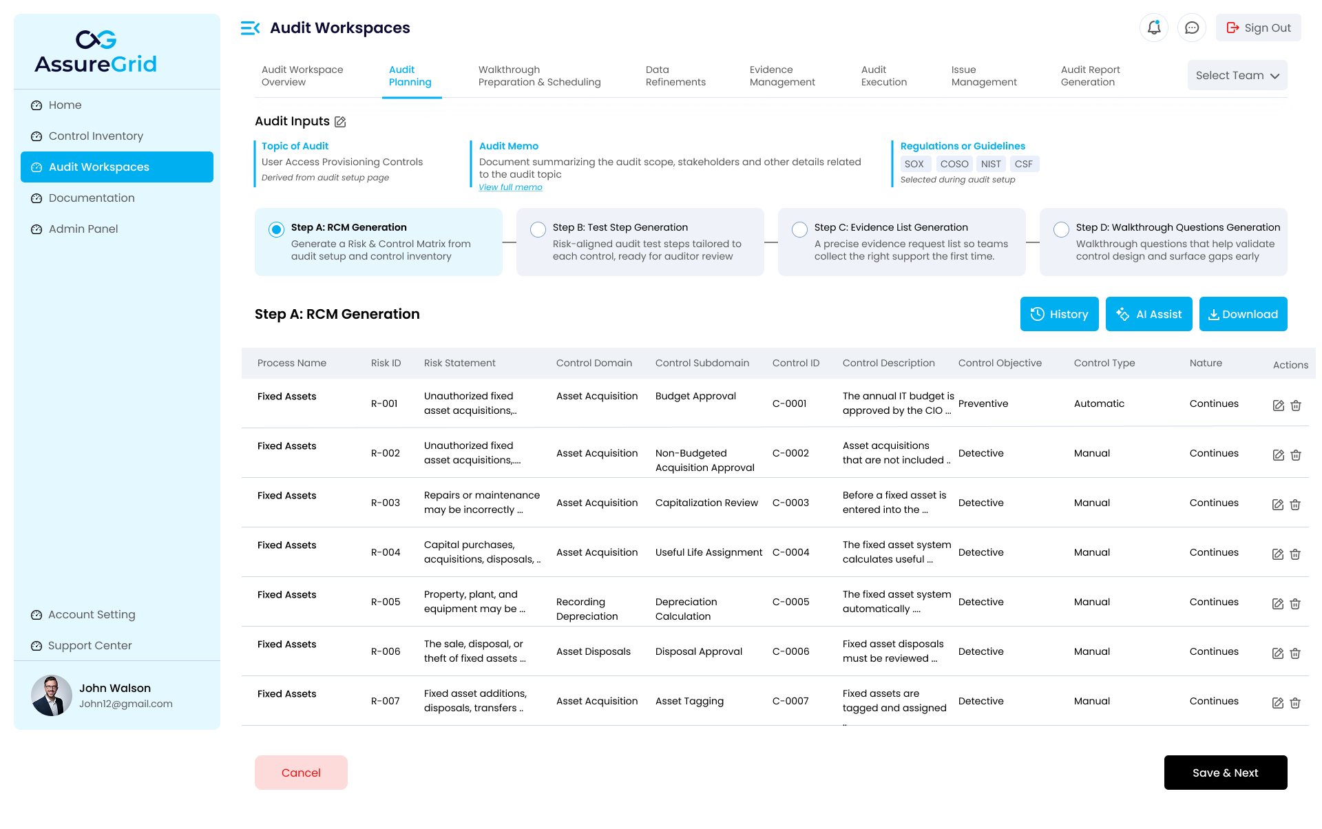 Generated RCM table with risk, control, domain, objective, type, and nature fields.