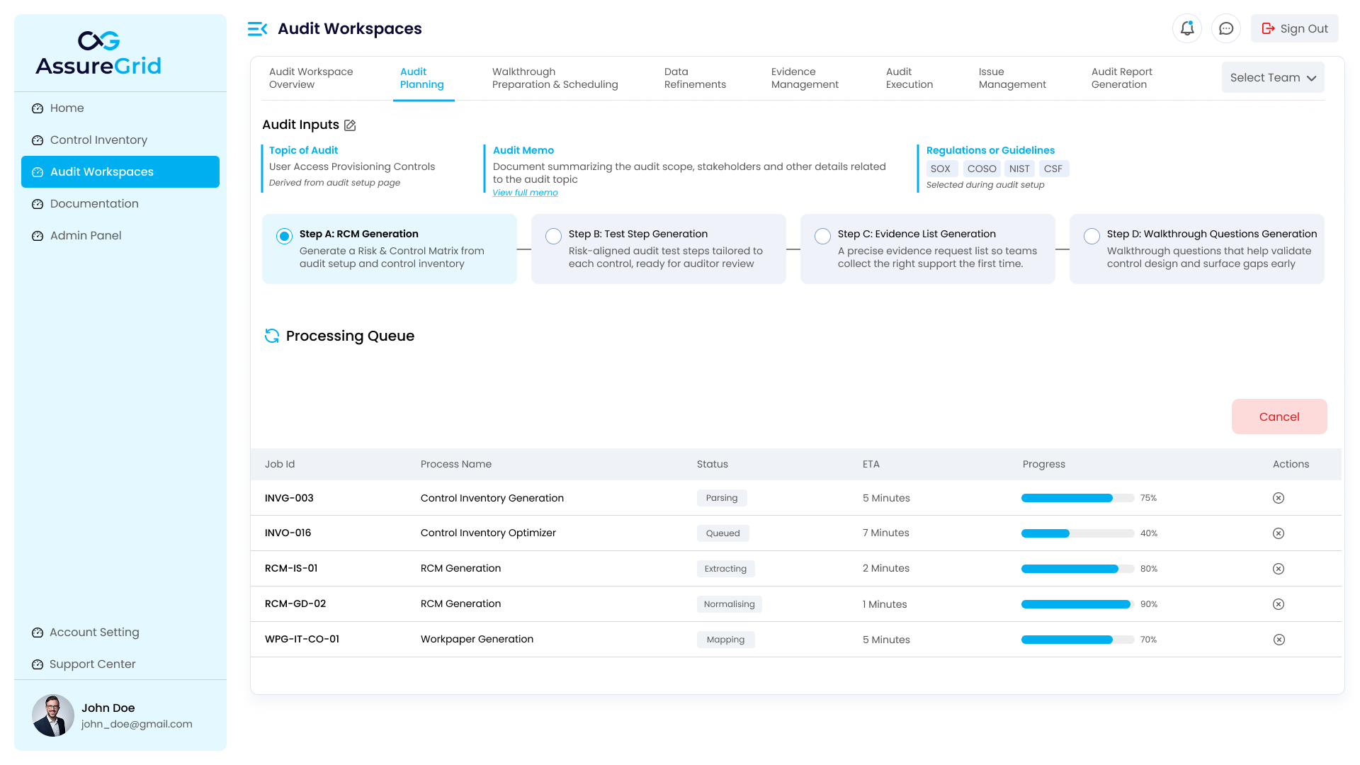 Processing Queue view showing active jobs, status, ETA, progress, and cancellation controls.