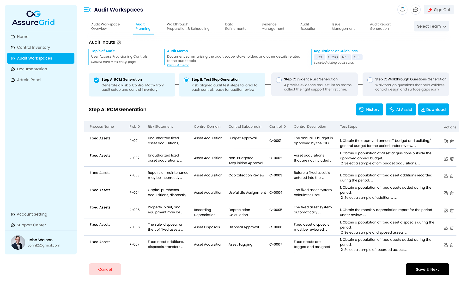 Step B view showing generated test steps aligned to the controls established in Step A.