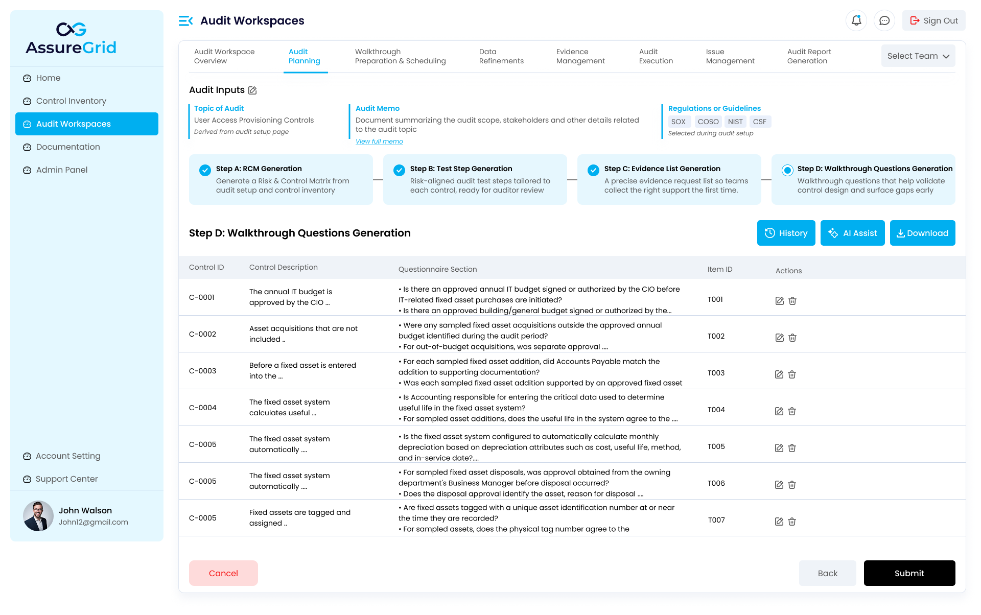 Step D view showing generated walkthrough questions grouped by control and questionnaire section.