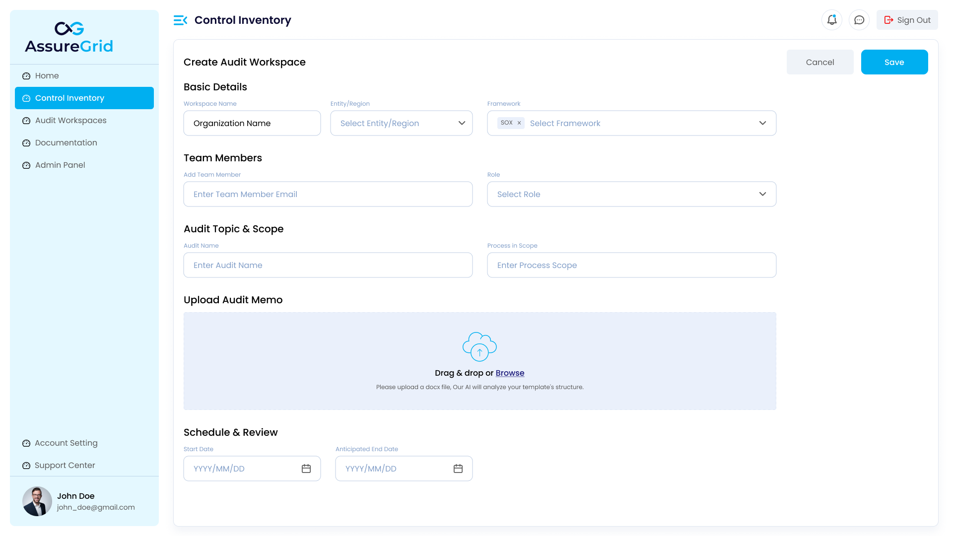 Workspace Creation form showing required fields and team assignment inputs.